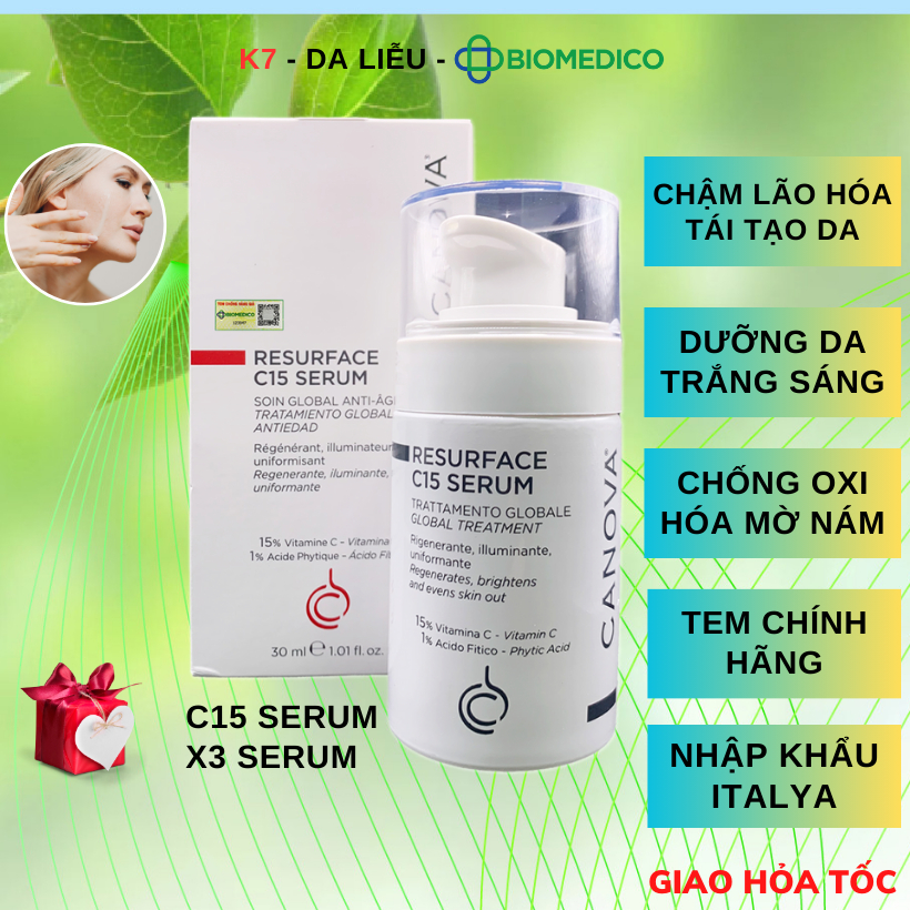 Serum dưỡng da trắng da chậm lão hóa K7 Da Liễu CANOVA VITAMIN C15 & MD15 (30ml) trẻ hóa da nhập từ ITALY