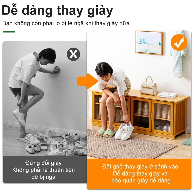 Woodland Tủ giày thông minh cửa lùa, cửa gấp gỗ tre tự nhiên kệ giày gỗ sơn bóng chống nước, mối mọt cao cấp