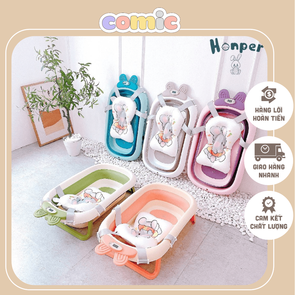 Chậu tắm hình thỏ Honper gấp gọn có kèm phao và nhiệt kế cho bé