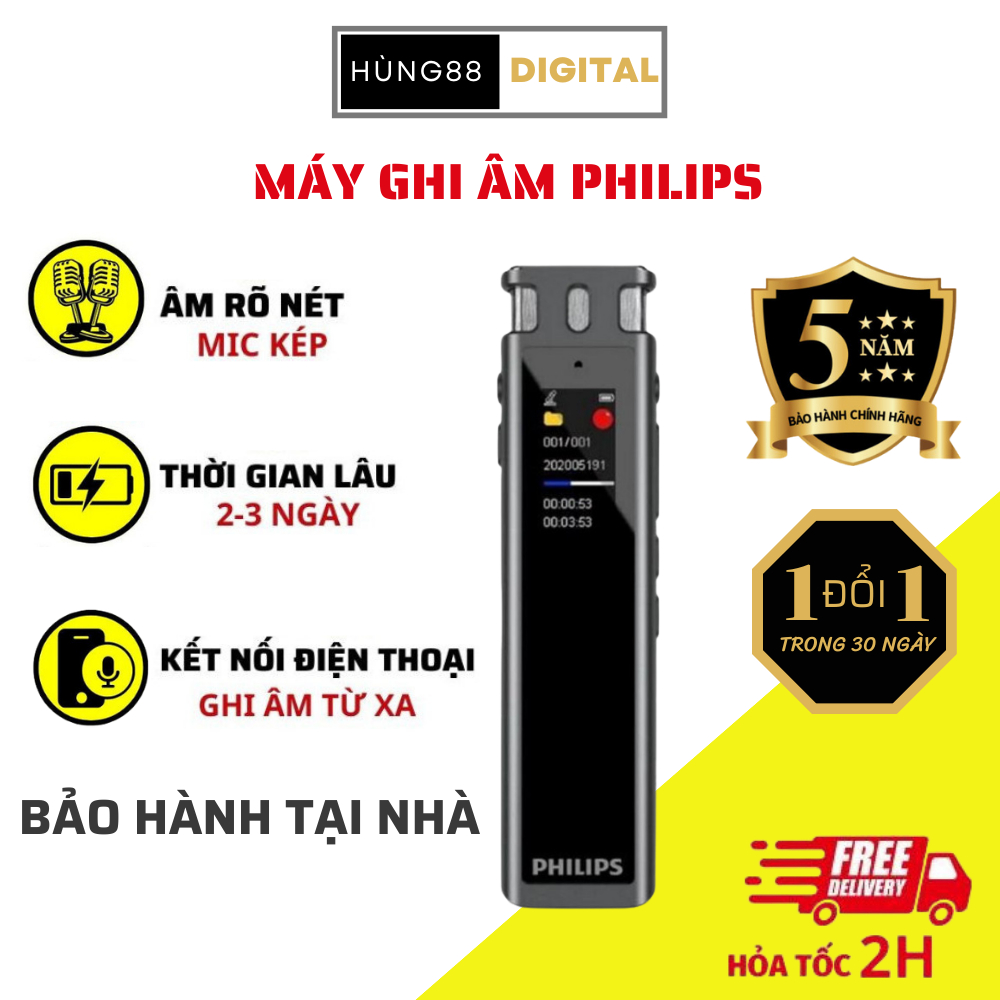 Máy ghi âm PHILIPS VTR526093 chuyên nghiệp chất lượng cao bảo hành lên tới 5 năm, thiết bị ghi âm từ xa qua App, thu rõ