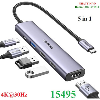 Hub usb type-c 5 trong 1 ra hdmi 4k@30hz, usb 2.0, usb 3.0, sạc pd 100w ugreen 15495 cao cấp