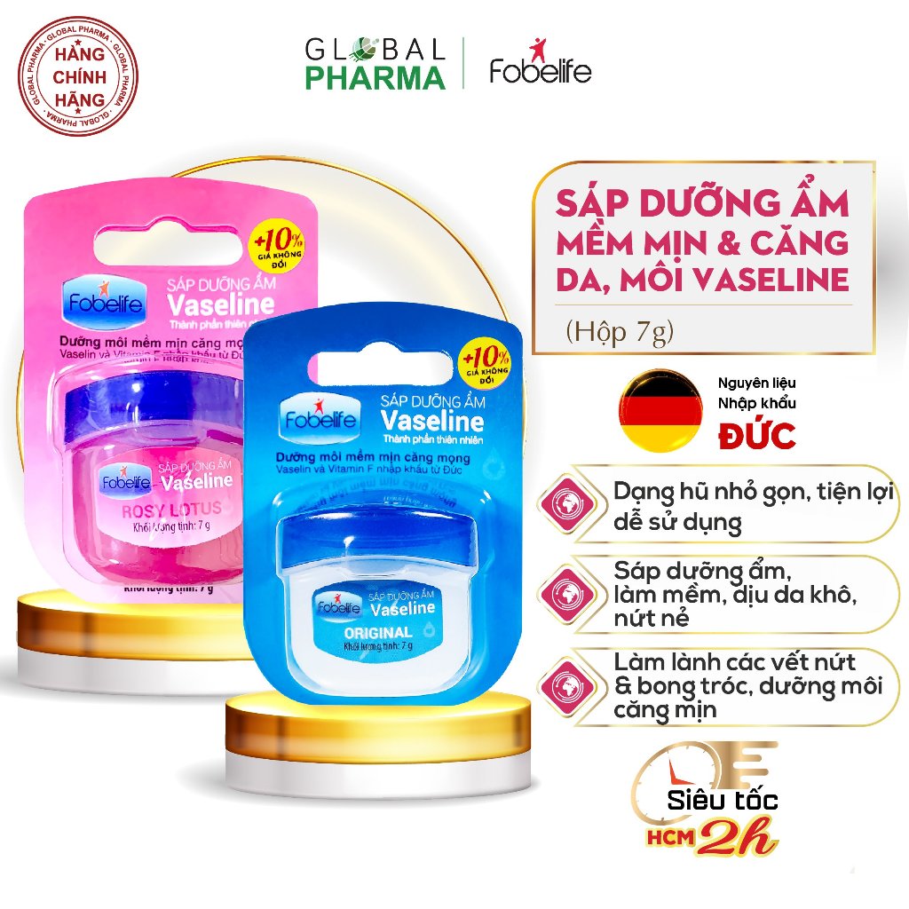 Sáp dưỡng ẩm Vaseline Original Fobelife làm da mềm mịn, môi căng mọng (Hũ 7g)