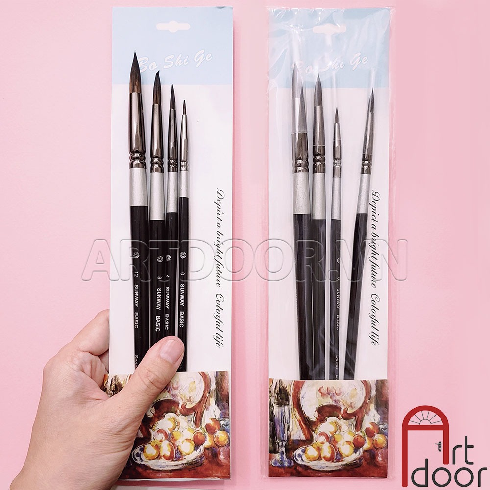 Bộ cọ vẽ đầu Tròn SUNWAY Basic lông Sóc Mix (4 cây)