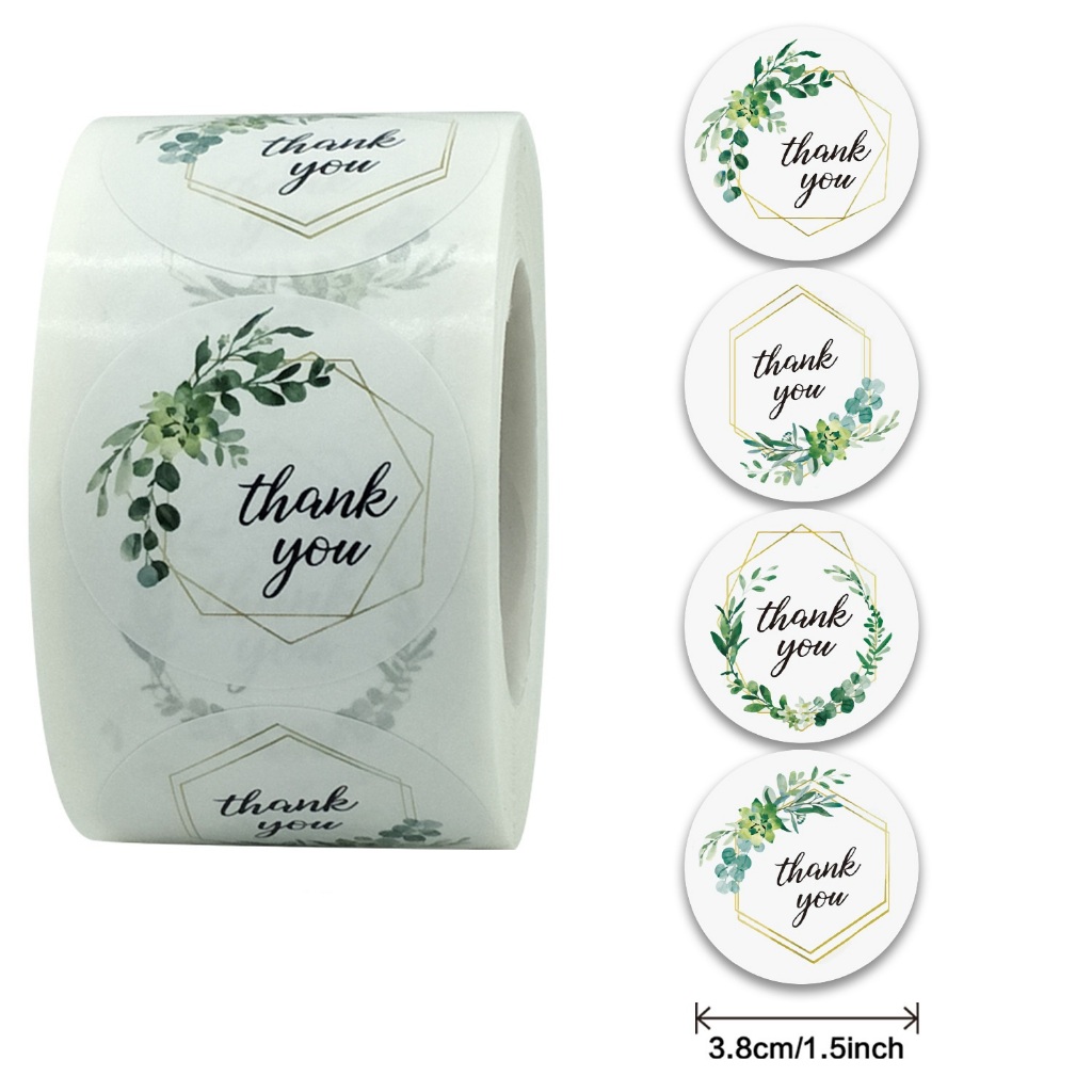 Cuộn 500 nhãn dãn cảm ơn, sticker thank you, tem tròn thank you, tem cảm ơn họa tiết hoa