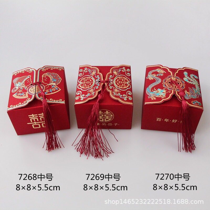 Set 10 / 30 Hộp Quà Cưới Vuông Đỏ Trung Hoa Kèm Dây Tua Rua