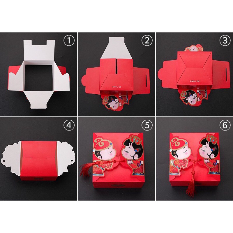 Set 10 / 30 Hộp Quà Cưới Vuông Đỏ Trung Hoa Kèm Dây Tua Rua