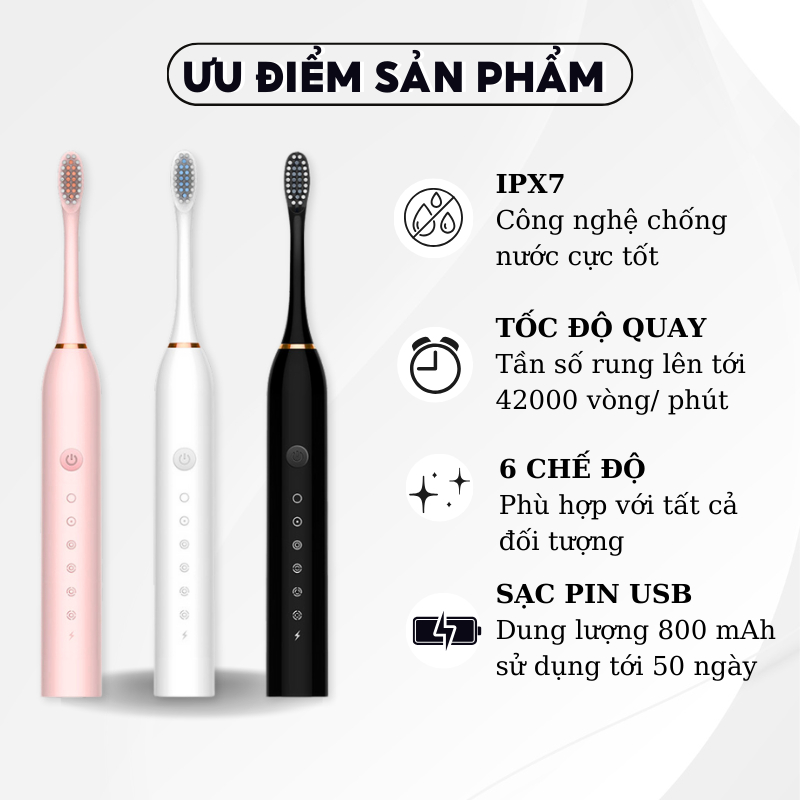 Bàn chải điện đa năng thông minh JIASHI, máy đánh răng Sonic X-3 sóng âm tặng kèm 4 đầu thay thế BCD01