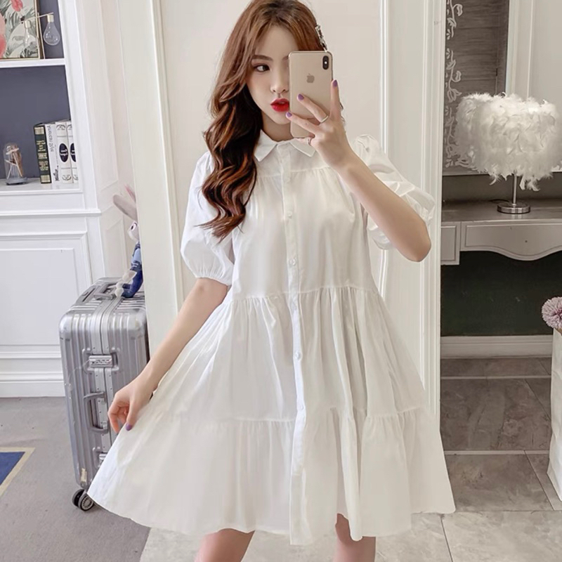 Đầm váy tím pastel babydol dễ thương cổ sơ mi dạo phố