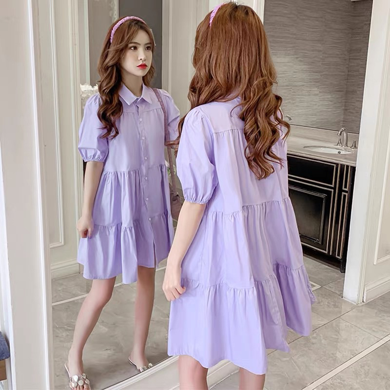 Đầm váy tím pastel babydol dễ thương cổ sơ mi dạo phố
