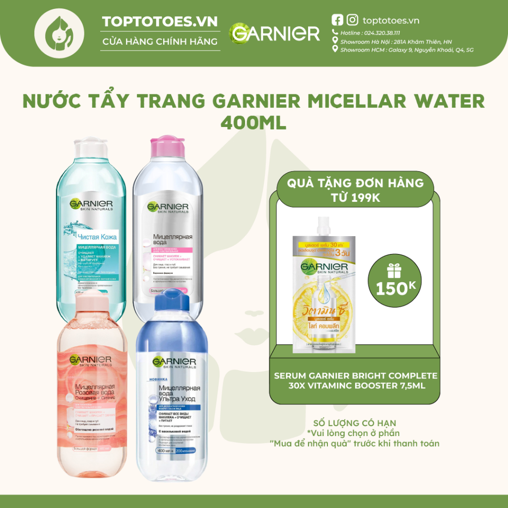 Nước tẩy trang Garnier Micellar Water tẩy sạch êm dịu cho mặt-mắt-môi 400ml