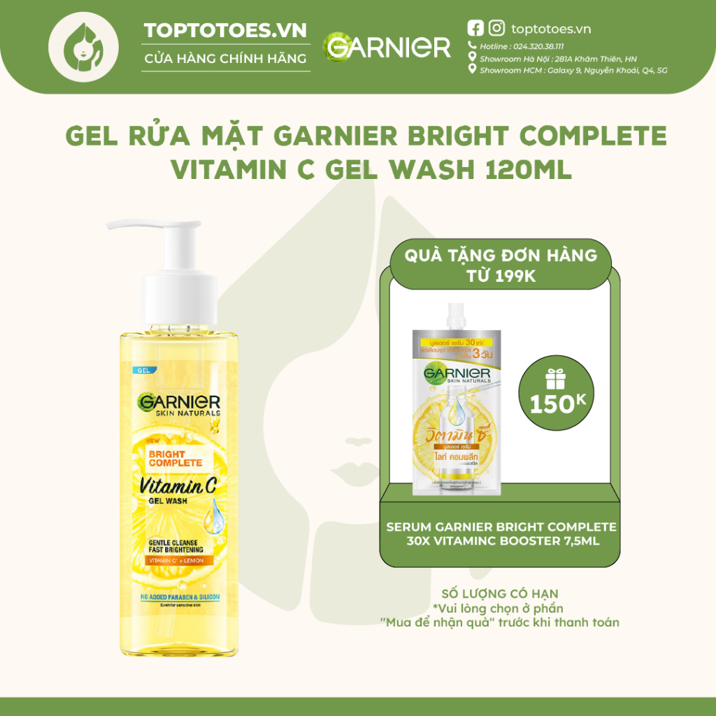 Gel rửa mặt Vitamin C sạch sâu dịu nhẹ dưỡng sáng da Garnier Bright Complete Vitamin C Gel Wash 120ml