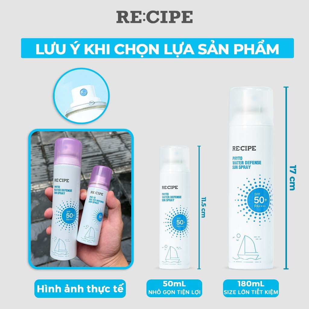 Xịt Chống Nắng RECIPE SPF50+ PA++++ Chống Nắng, Không Trôi Recipe Phyto Water Defense Sun Spray 180ml