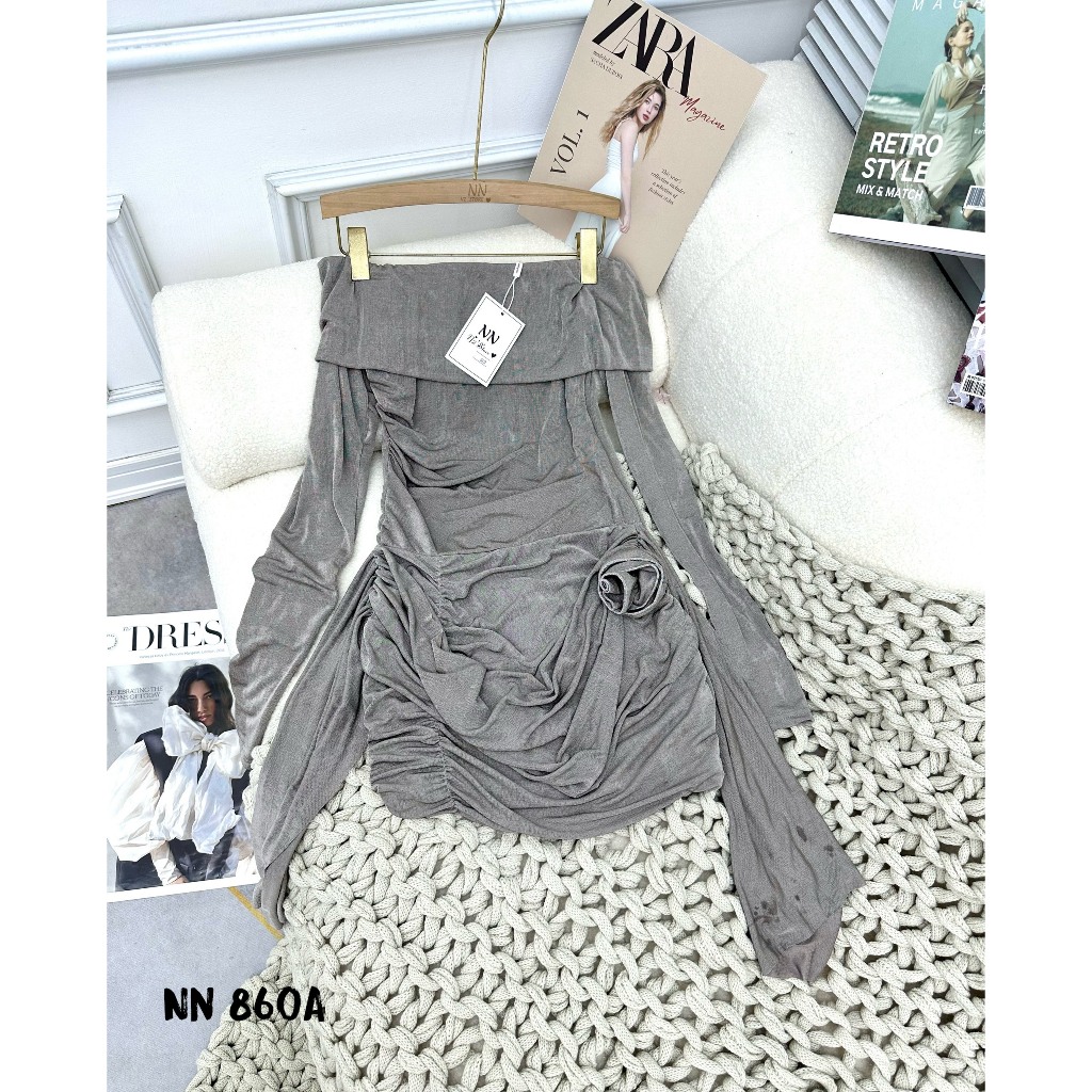 Đầm Váy Body Nữ Trễ Vai Dài Tay Rút eo Dây Bèo