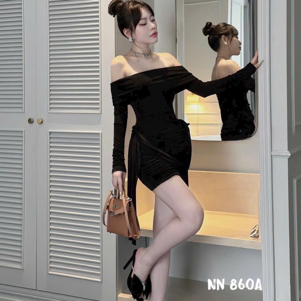 Đầm Váy Body Nữ Trễ Vai Dài Tay Rút eo Dây Bèo