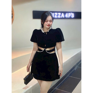 Bigsize Đầm nhung khoét eo viền đá 55-95kg