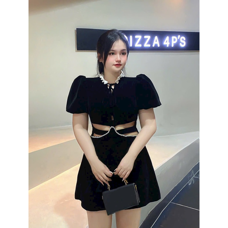 Bigsize Đầm nhung khoét eo viền đá 55-95kg