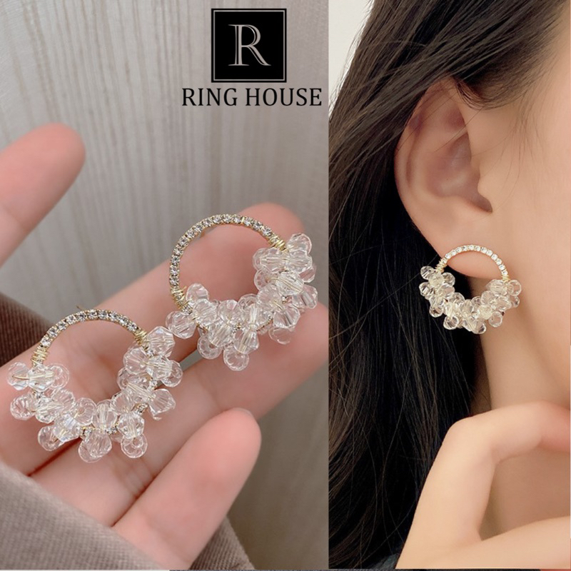 (Chuôi Bạc 925) E124 Khuyên tai bông tai nữ dự tiệc tròn đính nửa vòng đẹp Ring House