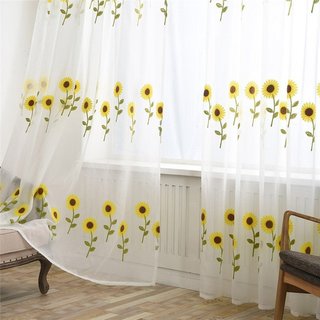 Rèm Voan Thêu Hoa Hướng Dương Màu Vàng Trang Trí Nhà Cửa, Phòng Ngủ, Khách, Ban Công, Background