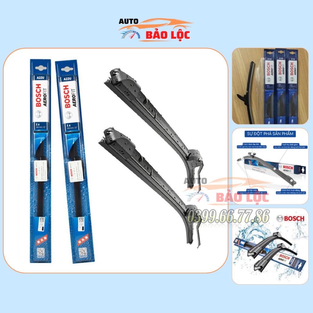 Gạt mưa ô tô BOSCH Aerofit không xương, lưỡi gạt silicon siêu sạch, siêu êm cho mọi dòng xe - Auto Bảo Lộc