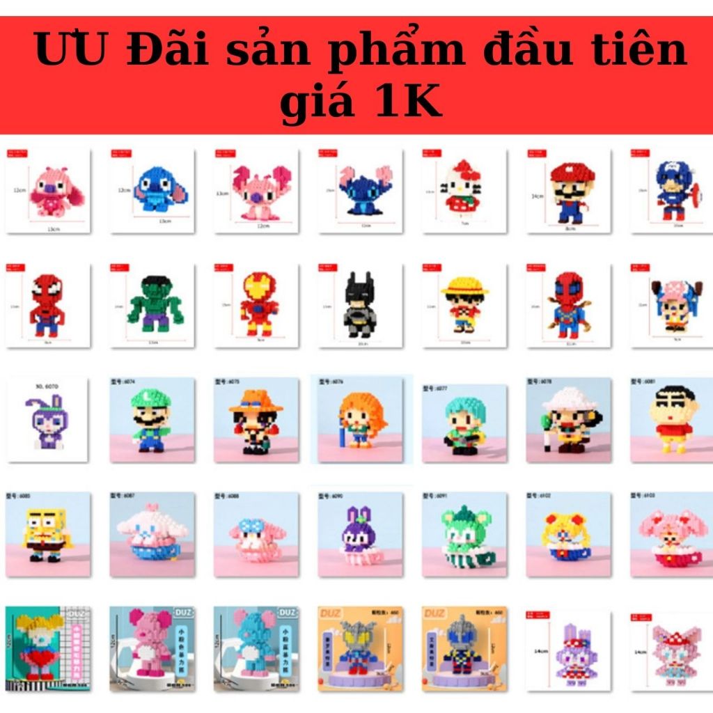 Mô hình nhân vật 3D mini bearbrick, siêu anh hùng, gấu, thỏ, onepiece láp ráp 400-600 chi tiết, đa dạng