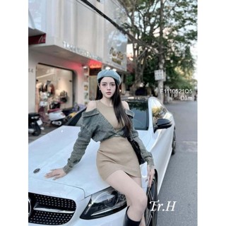 Đầm body mini cổ tròn phối jean khoét trễ vai cá tính 1110