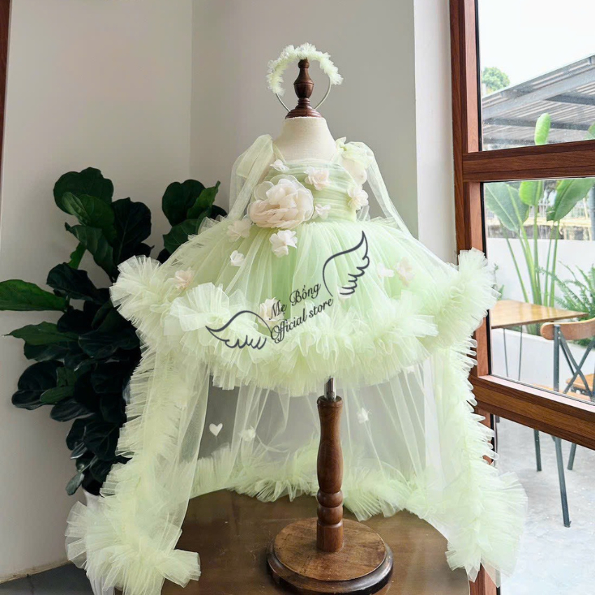 Váy Công Chúa Cho Bé Gái Mẹ Bống, Đầm Công Chúa Có Choàng, Váy Baby,Váy Hoa Choàng Sau Cho Bé