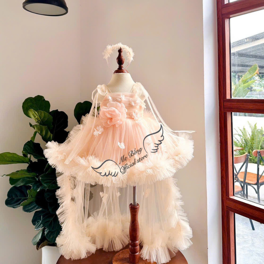 Váy Công Chúa Cho Bé Gái Mẹ Bống, Đầm Công Chúa Có Choàng, Váy Baby,Váy Hoa Choàng Sau Cho Bé