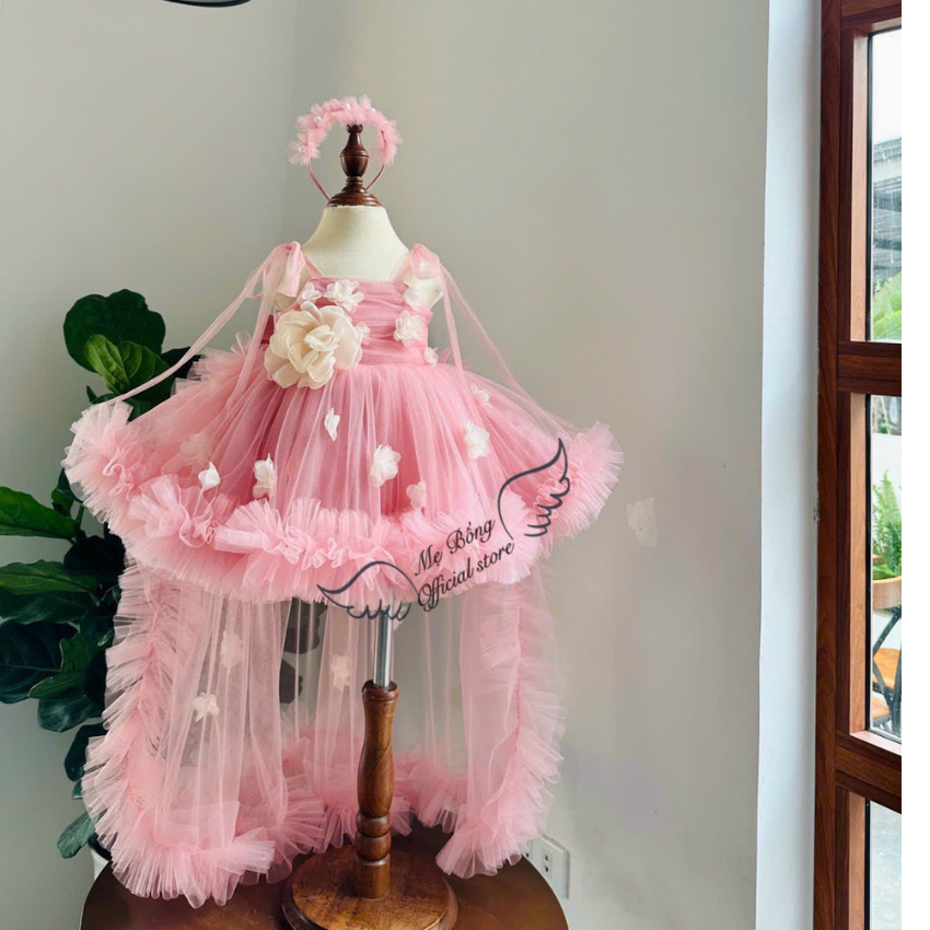 Váy Công Chúa Cho Bé Gái Mẹ Bống, Đầm Công Chúa Có Choàng, Váy Baby,Váy Hoa Choàng Sau Cho Bé