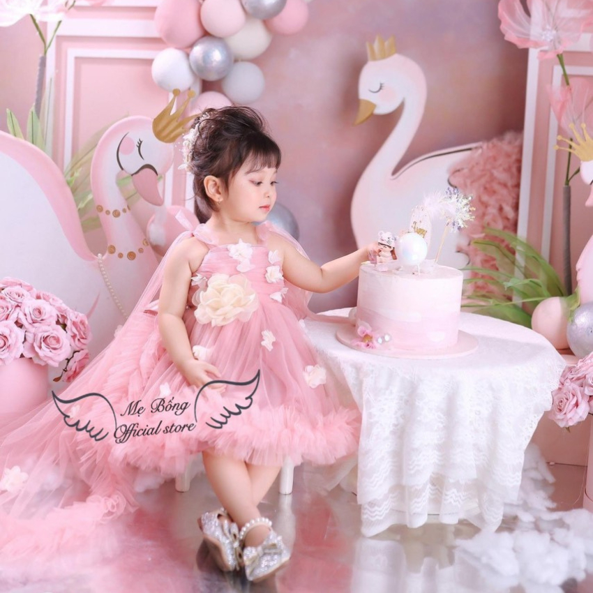 Váy Công Chúa Cho Bé Gái Mẹ Bống, Đầm Công Chúa Có Choàng, Váy Baby,Váy Hoa Choàng Sau Cho Bé