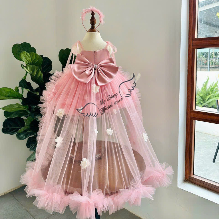 Váy Công Chúa Cho Bé Gái Mẹ Bống, Đầm Công Chúa Có Choàng, Váy Baby,Váy Hoa Choàng Sau Cho Bé