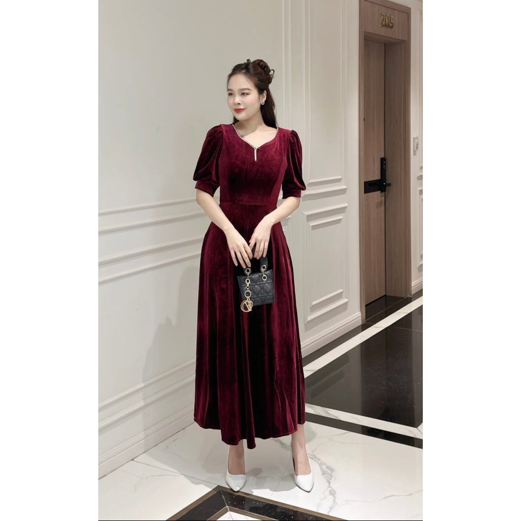 Đầm nhung đính dây đá, form dài, tay phồng - GR0296