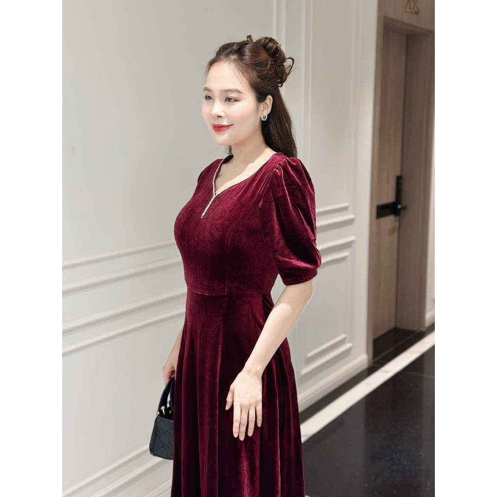 Đầm nhung đính dây đá, form dài, tay phồng - GR0296