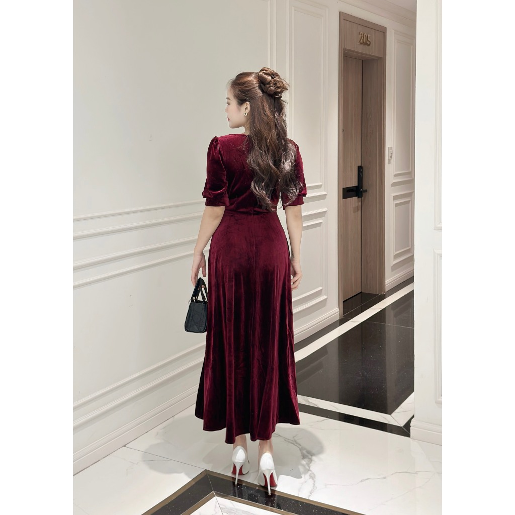 Đầm nhung đính dây đá, form dài, tay phồng - GR0296