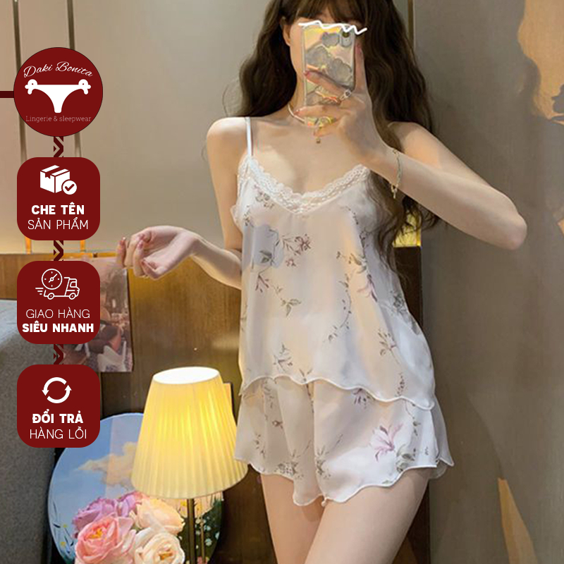 Đồ ngủ mặc nhà sexy lụa cao cấp DK80 gồm áo 2 dây phối ren và quần ngắn quyến rũ