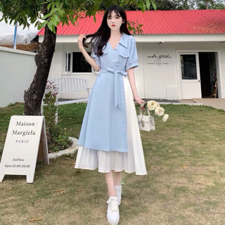 Đầm váy xanh phối trắng tiểu thư nhẹ nhàng dạo phố