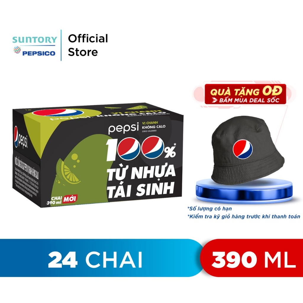 [DEAL SỐC KÈM NÓN][HCM | ĐN]Thùng 24 Chai Nước Ngọt Có Gaz Pepsi Vị Chanh Không Calo (390ml /chai)