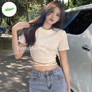 Áo nữ croptop Haviss cổ tròn thun ngắn tay thiết kế dây thắt nơ eo kiểu ôm body tank top vải cotton co dãn