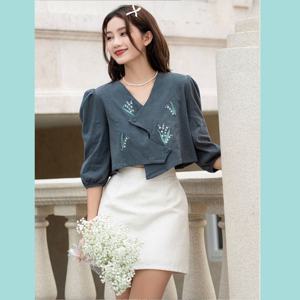 Áo Crop ODS thiết kế thêu hoa xanh rêu cực sang chảnh hợp mặc đi tiệc, đi chơi, đi biển - SIA59