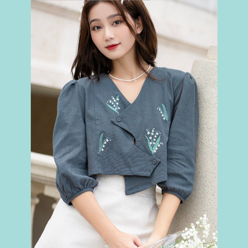 Áo Crop ODS thiết kế thêu hoa xanh rêu cực sang chảnh hợp mặc đi tiệc, đi chơi, đi biển - SIA59