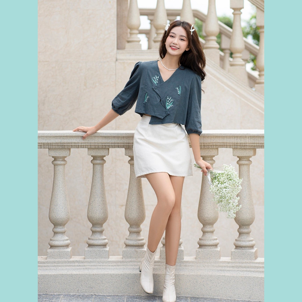 Áo Crop ODS thiết kế thêu hoa xanh rêu cực sang chảnh hợp mặc đi tiệc, đi chơi, đi biển - SIA59