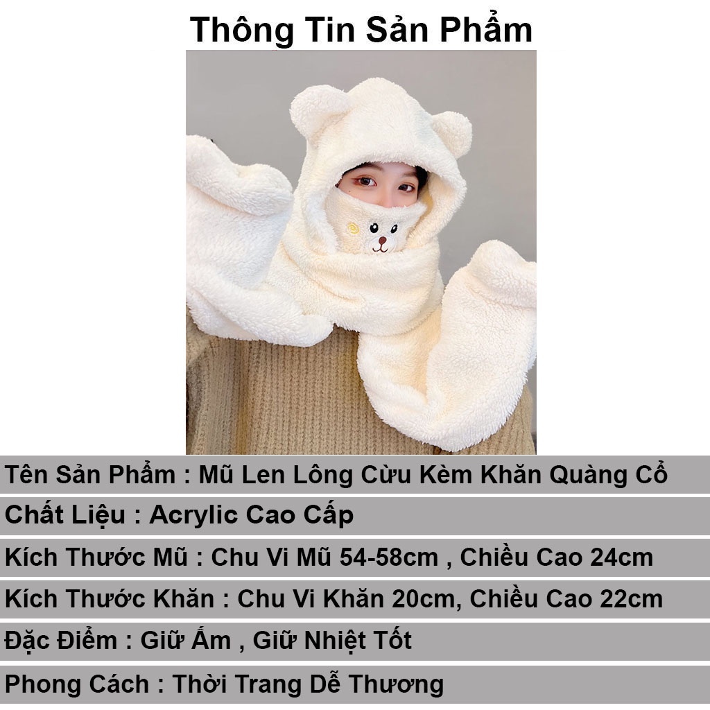 Mũ len nữ lông cừu trùm đầu hàn quốc YUDA nón len nữ kèm khăn quàng cổ mùa đông giữ ấm