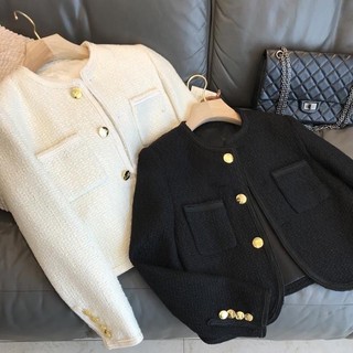 Áo khoác dạ tweed nữ màu đen, dáng ngắn cổ tròn cúc đồng sang chảnh