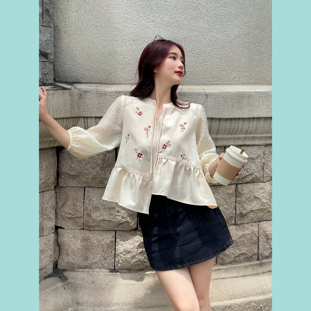 Áo Babydoll Kem ODS thiết kế, thêu hoa 2 bên thân, bèo 1 tầng, tay phồng lỡ, thời trang, trẻ trung - SIA43