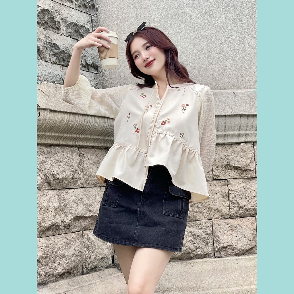 Áo Babydoll Kem ODS thiết kế, thêu hoa 2 bên thân, bèo 1 tầng, tay phồng lỡ, thời trang, trẻ trung - SIA43
