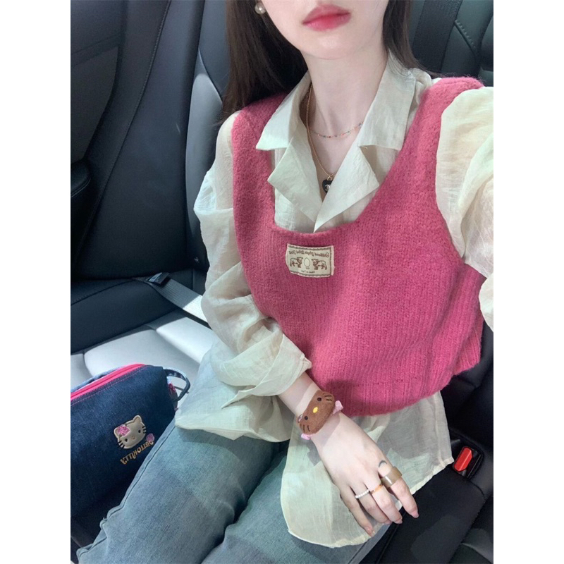 Set Áo Gile Len Trơn Kèm Áo Sơ Mi Mỏng Phong Cách Hàn Quốc 💓