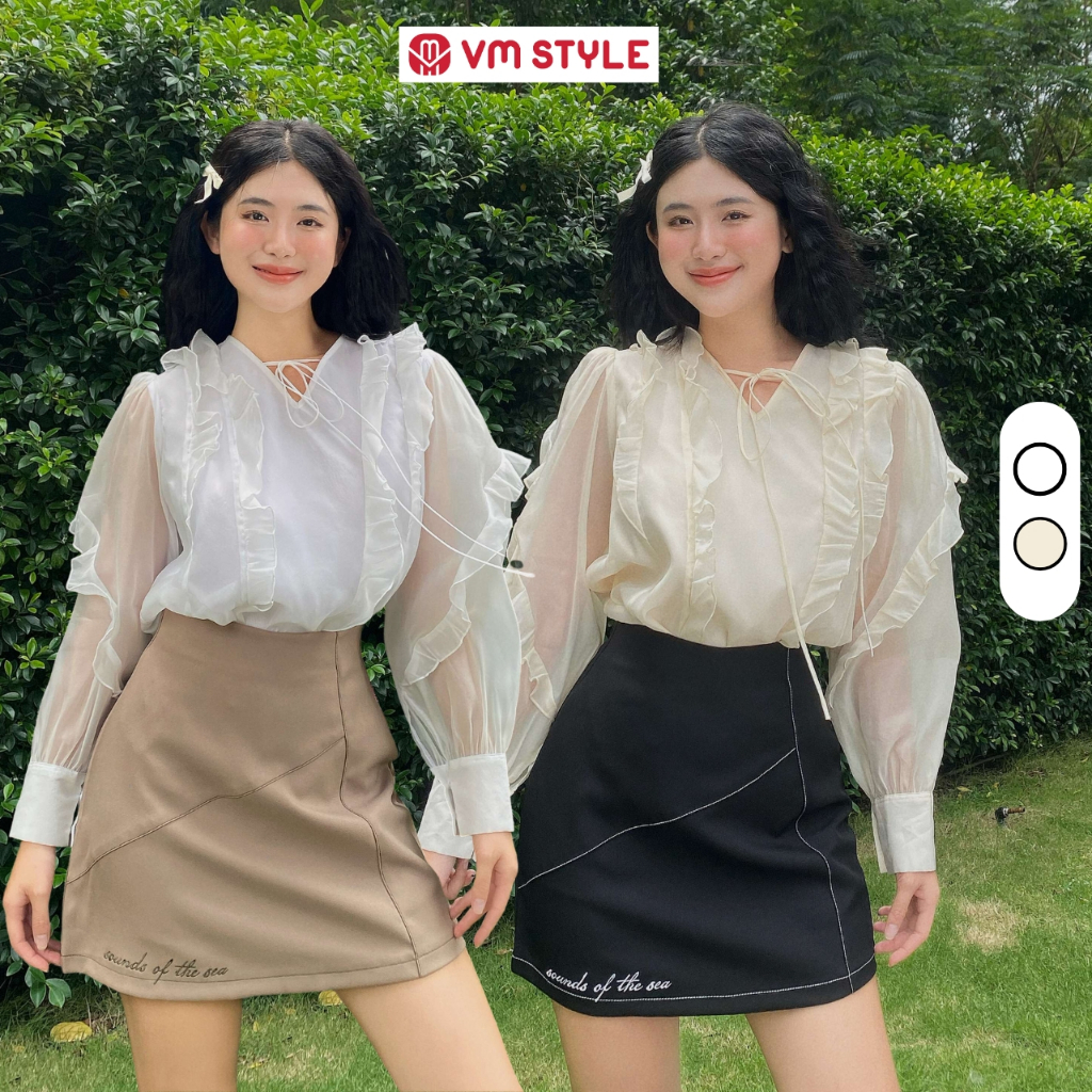 Áo voan kiểu nữ VMSTYLE tay dài cổ V cột nơ bèo nhún 2 lớp nhẹ nhàng, tiểu thư đi làm, đi chơi, dạo phố VM159 - ASU00448