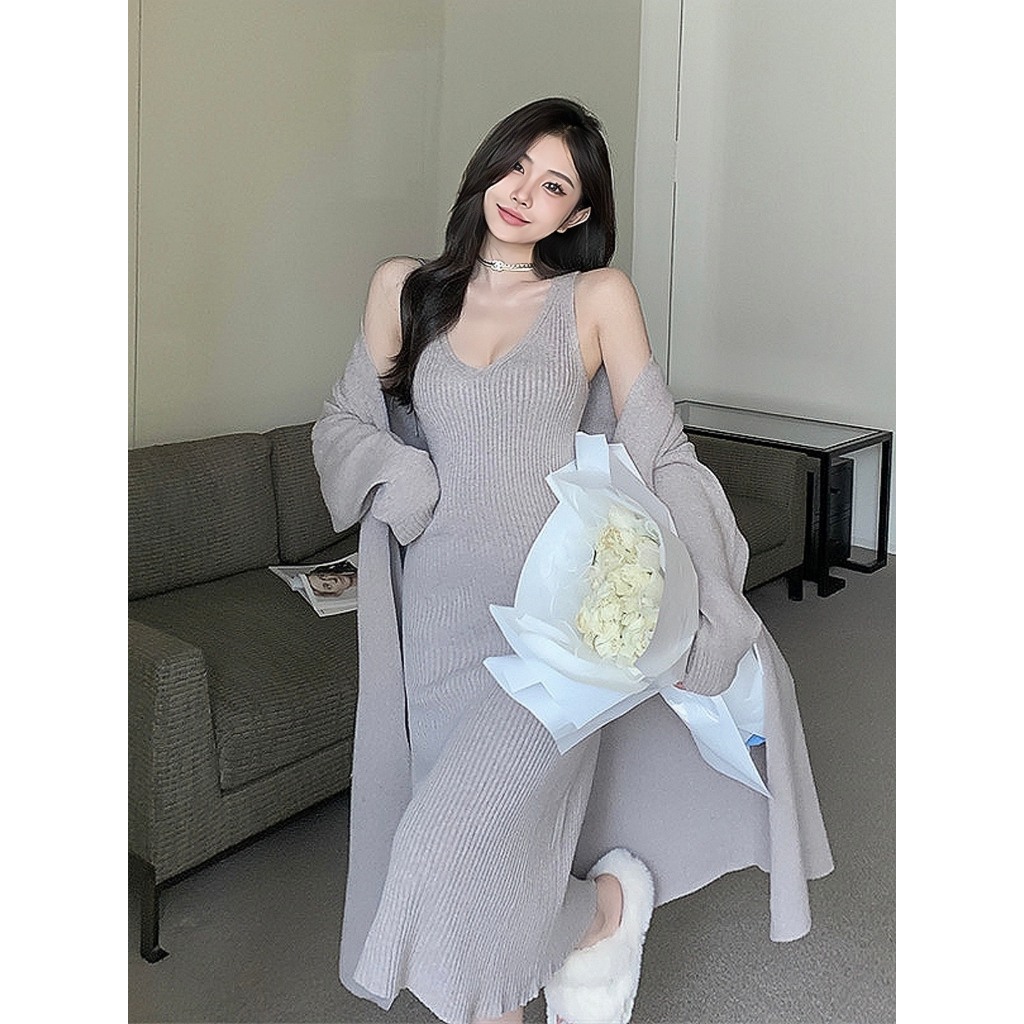 Set áo khoác len dáng dài kèm váy body 2 dây dáng dài  YIMI Set váy nữ thời trang