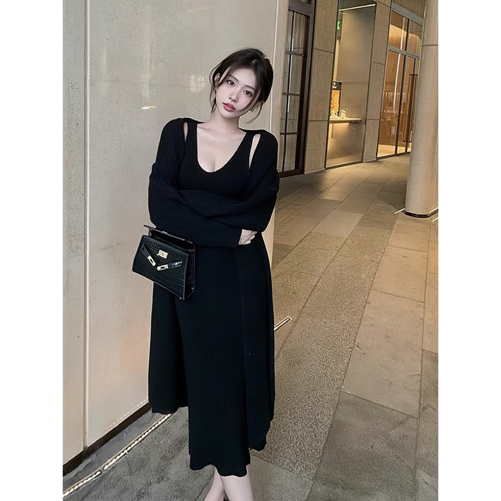 Set áo khoác len dáng dài kèm váy body 2 dây dáng dài  YIMI Set váy nữ thời trang