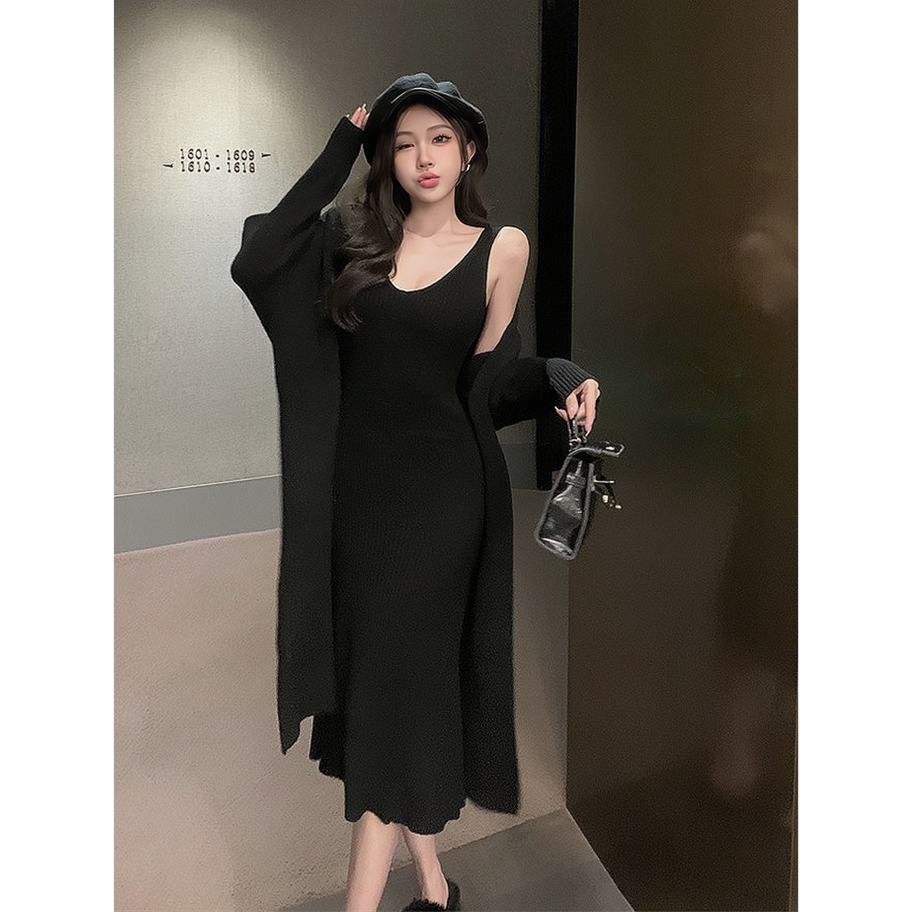 Set áo khoác len dáng dài kèm váy body 2 dây dáng dài  YIMI Set váy nữ thời trang