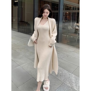 Set áo khoác len dáng dài kèm váy body 2 dây dáng dài YIMI Set váy nữ thời trang